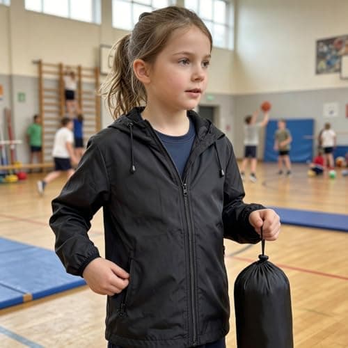 Kids Lightweight Waterproof Jacket with Zip Pocket – Boys & Girls Breathable Rain Coat for School & Travel – Packable with Pouch for Changeable UK Weather (UK, Age, 5 Years, 6 Years, Regular, Black) — view 2