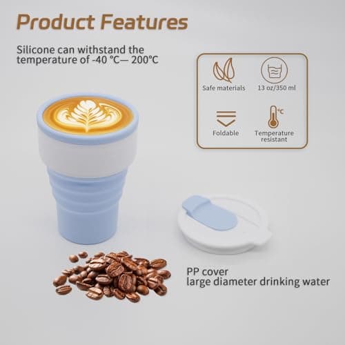 EYQ Collapsible Coffee Cup 375 ml, 12oz Silicone Foldable Coffee Mug, Lightweight Reusable for Hot and Cold Drinks for Office Fitness Gym Outdoor Sports Travel Camping Yoga, Pocket Size (WhiteBlue) — view 6