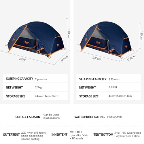 QEZER Camping Tent, Ultralight Dome Tent, Waterproof and Windproof, Suitable for Three/Four Seasons, Compact Size, Ideal for Hiking, Camping and Outdoor Activities (Blue, 220 * 90 * 115) — view 2