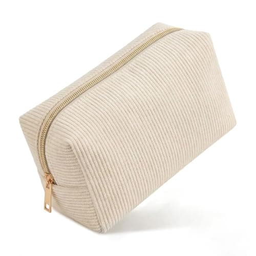Large Makeup Bag Cosmetic Pouch Ribbed Fabric Beauty Organiser with Smooth Gold Zip for Women Professionals Travel Home Office Daily Commute Handbag Insert Accessories