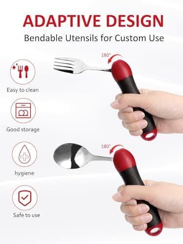 Disability Aids, Cutlery for Arthritic Hands -180°Bendable Spoon Fork Grips Set, Aids for Living, Arthritis for Hand Tremors, Travel Eating Utensils for Disabled, Elderly, Adults — view 3