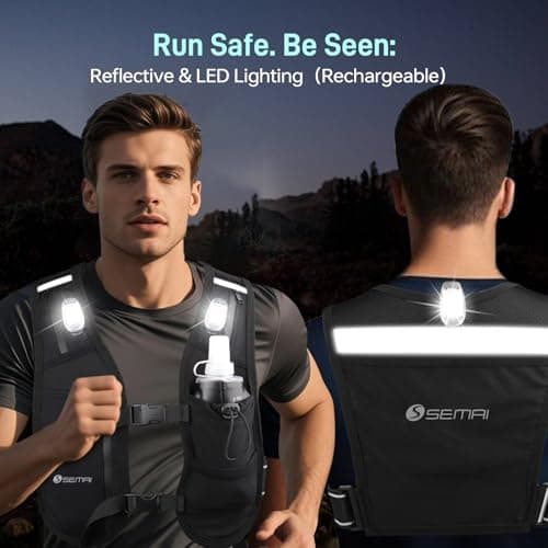 semai LED Running Vest Women & Mens Reflective Vest, Adjustable Chest Straps Running Hydration Vest with 500ml Water Bottle, 6 Pockets With Phone Holder & Storage for Marathon, Night Running, Cycling — view 3