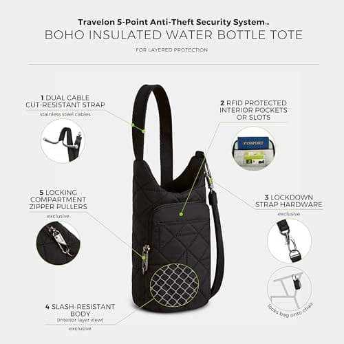 Travelon Anti-Theft Boho Insulated Water Bottle Tote, Black, One Size, Anti-Theft Boho Insulated Water Bottle Tote — view 3