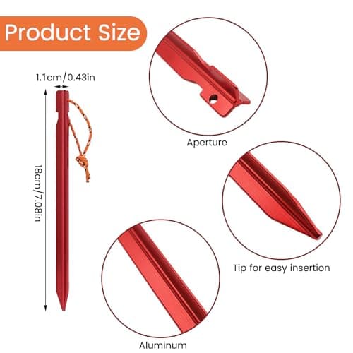 20PCS Tent Pegs, Heavy Duty Metal Tent Pegs Camping Tent Stakes Nail with Reflective Rope Storage Bag for Camping,Beach,Outdoor and Sand, Red — view 2