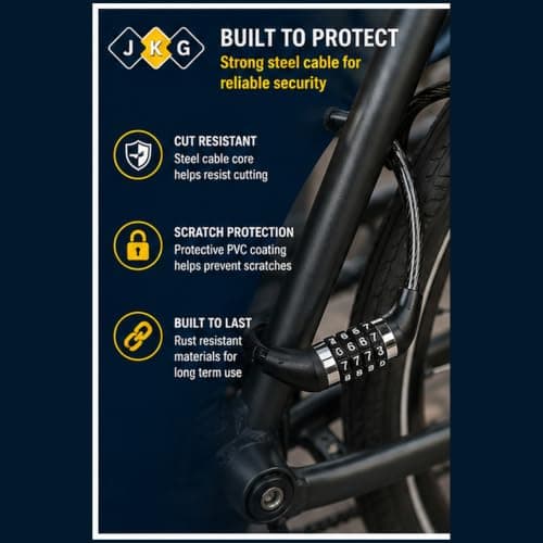 JKG Combination Bike Lock - 4 Digit 8mm PVC Coated Steel Bicycle Cable Lock — view 3
