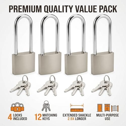4 Pcs Long Silver Shackle Padlock with Keys Heavy Duty Outdoor Gym Locker — view 5