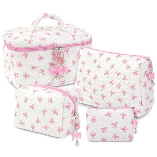 Mulaibdin 4 Pcs Makeup Bag, Coquette Cosmetic Bags for Women & Girls, Cute Skincare Bag for Travel, Portable Bow Make Up Bag Set, Quilted Toiletry Bags Cotton for Birthday Gifts (Pink+White)