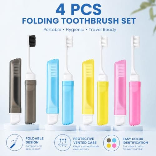 4Pcs Travel Toothbrush, Foldable Soft Bristle Toothbrushes with Travel Case, Portable Mini Toothbrush Set for Adults Kids, Camping Hiking Hotel Home Oral Care (Blue, Pink, Black, Yellow) — view 2