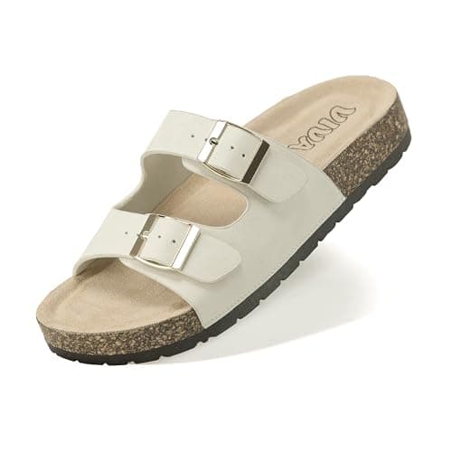 VIVASHOES Women’s Double Buckle Cork Footbed Sandals - Adjustable Flat Slide Sandals for Ladies - Comfortable Open Toe Summer Slippers - Cream UK 4 — view 2