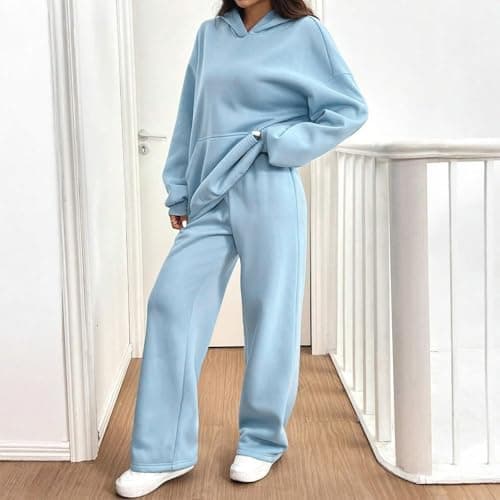 Tracksuit Womens Full Set Oversized 2 Piece Outfits Long Sleeve Hoodie and Sweatpants Women Lounge Wear Sets Fashion Sweatsuits Wide Leg Jogger Loose Loungewear Gym Fitness Activewear Set Sky Blue L — view 3