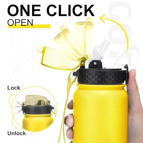 GOPPUS 1L/32oz Stainless Water Bottle with Straw Double Wall Insulated Bottles with Strap Reusable Vacuum Thermal Flask Leakproof Keep Cold Drinks Bottles with Flip Top Lid BPA Free (Yellow) — view 2