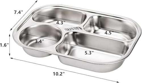DEAYOU 4-Pack 18/10 Stainless Steel Divided Plates, 4 Sections Samll Platter Compartment Tray, Portion Control Plate with Divider, Mess Food Sectioned Tray for Cafeteria — view 2