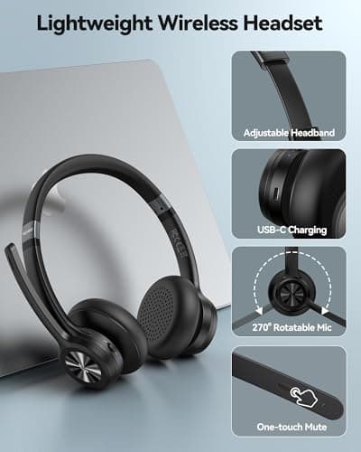 TechRise Bluetooth Headset Wireless Headset with Microphone Noise Canceling, 50H Playtime & Mute, Wireless Headphones with Mic Bluetooth On-Ear Headphones for Trucker Cellphone Office Call Center — view 5