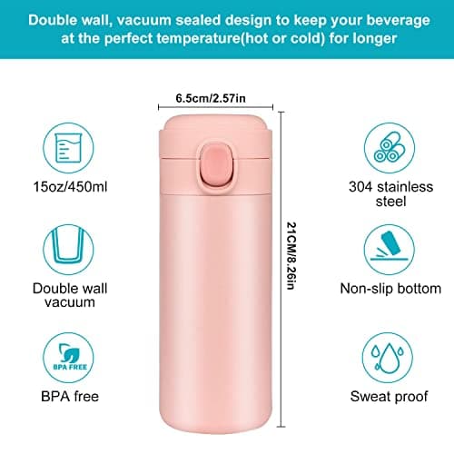 YINJAM 450ML Travel Mug Reusable Coffee Cup Insulated Thermal Mug Stainless Steel Leakproof Flask Tumbler for Hot Cold Drinks (Pink) — view 6