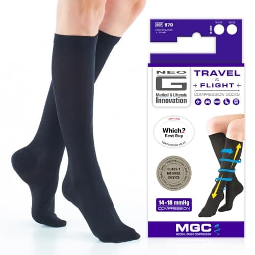 Neo-G Travel Flight Socks for Women and Men - Graduated Compression - For Flying, Mild Varicose Veins, Long Haul Flights, Improving Circulation, Aching Legs - Class 1 Medical Device - Black - XL