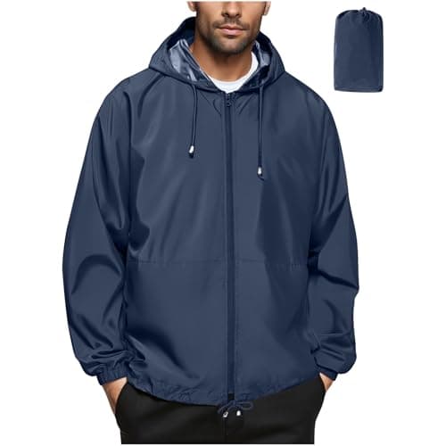 Waterproof Jacket Men Lightweight Packable Raincoat With Pockets Breathable Windproof Rain Coat Casual Softshell Hiking Cycling Outdoor Clothes Navy 3XL