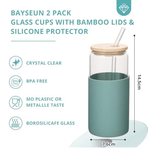 2 Pack Glass Tumbler with Silicone Sleeve & Bamboo Lid, 600ml Unbreakable Reusable Cup with Straw, Non-Slip Grip for Iced Coffee, Smoothies, Perfect for Travel, Office, Home Use — view 3