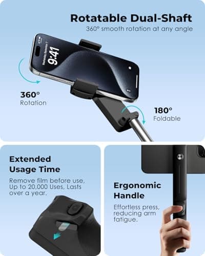 Viozon Selfie Stick, Compatible with 4-7" Phone, Phone Holder, Wireless Remote Control Button, Ergonomic Handle, Extendable up to 67cm, 3x4.8x12cm Mini Size, 110g Lightweight, Travel, Filming, Black — view 5