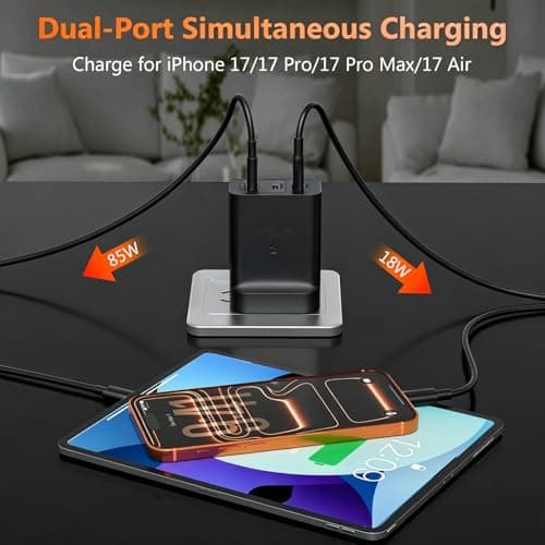 USB C Plug Fast Charge, 85W 3-Port GaN Fast Charging Plug with USB C to C & USB to USB C Cable 2M, Multiport PD Type C Charger Plug for MacBook Pro/iPhone 17 16 15 Pro Max/iPad/Samsung Galaxy,Black — view 4