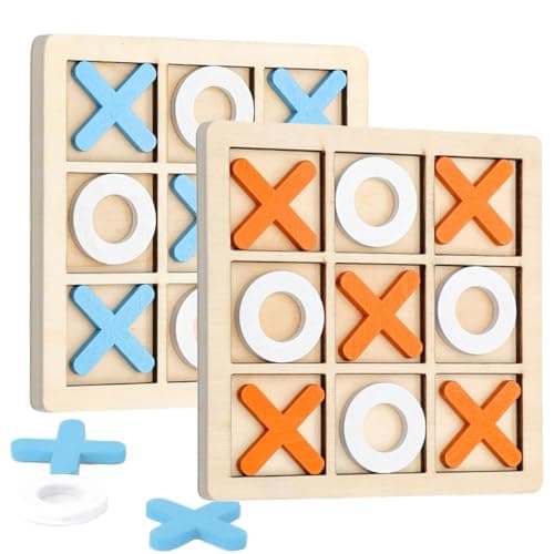 2 Pcs Noughts and Crosses Game,Funny Wooden Tic Tac Toe Game,Portable Travel Size Classic XO Chess Board Game for Kids Adults Indoor Game(Orange and White, Blue and White)