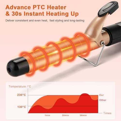 Curling Tongs 25mm for Medium and Long Hair Professional Tourmaline Ceramic Barrel Curler Iron with Clamp Dual Voltage Adjustable Temperature Long-Lasting Results Black — view 3