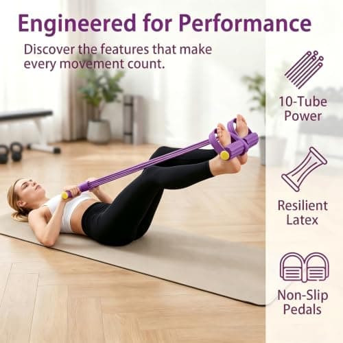 10-Tube Pedal Resistance Band with Handle - Heavy Sit Up Pull Rope for Full Body Workout, Home Gym Training, Yoga, and Pilates | Foot Exercise Bands Resistance Bands for Women (Purple) — view 4