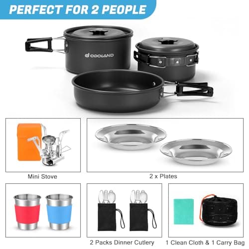 Odoland Camping Cookware Set with Stove Cookware Pan Cup Plates Folding Cutlery Gavette for 1-2 People Lightweight and Compact for Camping Trekking Picnic Hiking — view 2