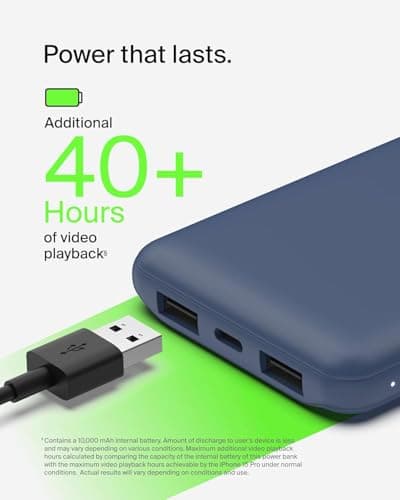 Belkin 10000mAh portable power bank, 10K USB-C portable charger with 1 USB-C port and 2 USB-A ports, battery pack for up to 15W charging for iPhone, Samsung Galaxy, AirPods, iPad, and more - Blue — view 4