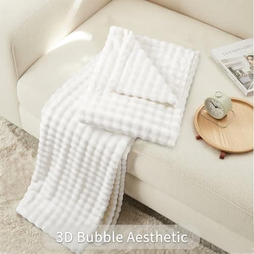 RUIKASI Fleece Throw Blanket for Sofa - White Single Fluffy Bubble Throws Cozy Blanket with Reversible Design, Throw 130x150 cm — view 5