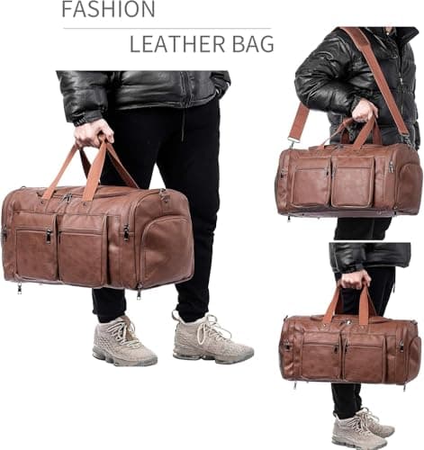 Weekender Bag with Shoe Compartment, Waterproof Pu Leather Overnight Bag Weekender Bag Mens Travel Duffle Bag Large Carry on Bag Travel Tote Duffel Bag for Men or Women-Brown — view 6