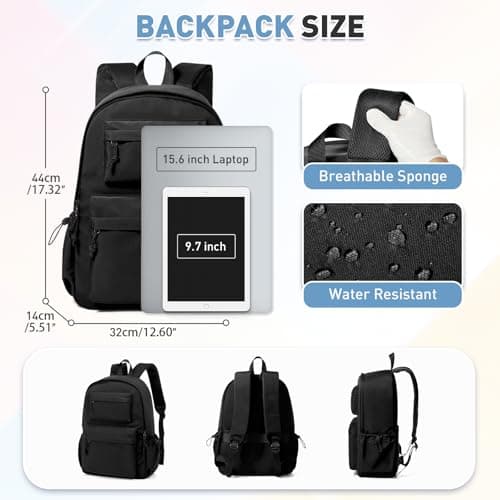HYC00 School Backpack for Teens Secondary School Bag Girls Boys College Backpack Water Resistant 15.6” Laptop Backpacks for Women Men Anti Theft Rucksack Bags Work Bookbag Student Casual Daypack,Black — view 3