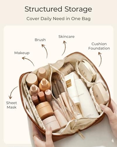 BAGSMART Large Travel Makeup Cosmetic Bag, Lay Flat, Clear Brush Pocket — view 3
