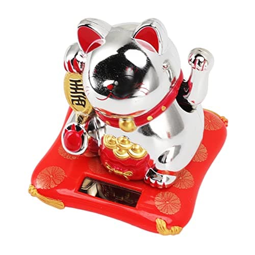 KymAr Lucky Money Cat, Solar Powered Waving Cat Wealth Welcoming Solar Cute Happy Lucky Cat Fortune Cat Statue Ornament for Home Car Decor(Blessing Bag Gold) (Blessing Bag Silver) — view 5