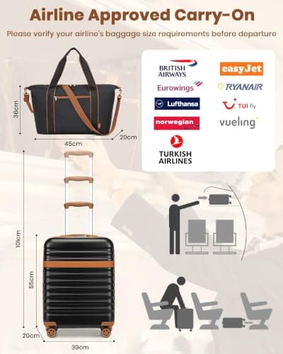 Kono Luggage Sets 3 Piece, Lightweight Cabin Suitcase Hard Shell ABS+PC Carry On Case with TSA Lock 4 Spinner Wheels, 20 Inch Trolley with Duffels Bag & Toiletry Bag Travel Set (Black) — view 2