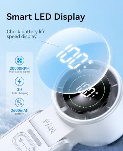 3-in-1 Portable Handheld Turbo Fan-100 Speeds, 20000 RPM, 12Hrs Cooling, Digital Display, 120° Rotation, USB Rechargeable Mini Hand Held Personal Fan for Travel, Makeup, Outdoor, Indoor (White) — view 5