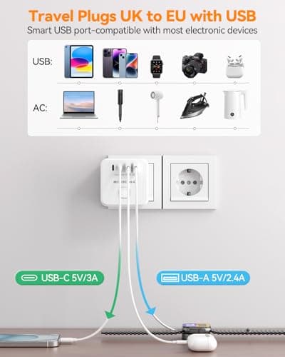 UK to EU Plug Adapter with 4 USB (2 USB-C), 3 Outlets with Switch, White — view 4