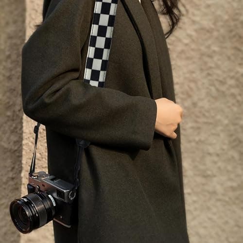 XILIYAI Camera Strap, Retro Cotton Camera Shoulder Straps Adjustable Camera Neck Strap for all Cameras DSLR/SLR/Mirrorless Sony Canon Nikon Olympus photographer's assistant (Black and white Grid — view 2
