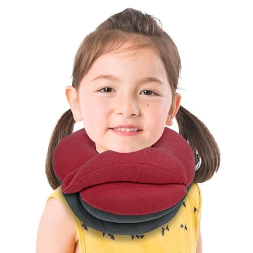 BUYUE Kids Travel Pillows for Airplane, 360° Head Support Sleeping Essentials for Boys Long Flight, Skin-Friendly Soft Neck Pillow for Traveling in Car Seat, (Small, Red-grey, 40-90 lbs)