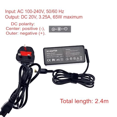JZK 65W Laptop Charger 20V 3.25A AC Adapter Power Supply for Lenovo T430 T440 T450 T460 T560 E431 E440 E531 E540, Rectangle Yellow Slim Tip Adaptor for Thinkpad X/E/S/L/B/U/T/K/Z/Y/G, for Yoga Helix — view 3