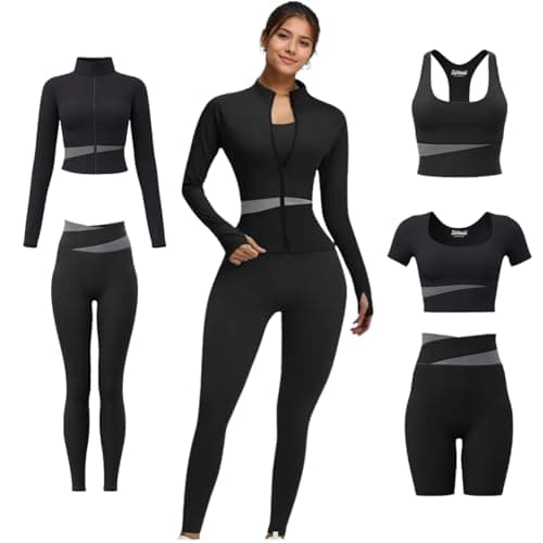 ZiaWorld 5pcs Women Yoga Wear Workout Set with Zipper Long Sleeve Jacket Fitness Yoga Leggings Sports Bra Short Sleeves Top for Running Fitness Seamless Tracksuit (Black, M)