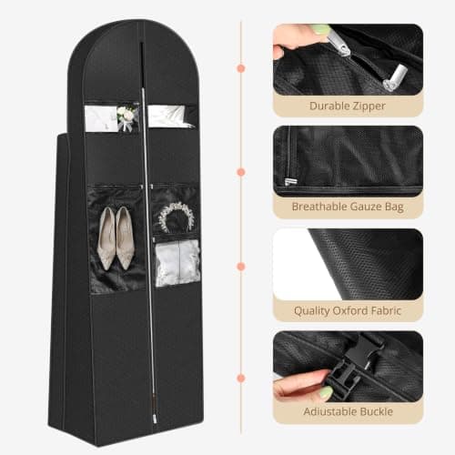 72" Wedding Dress Garment Bag - Long Dress Cover Dustproof Foldable Dress Carrier Travel Bag with Large Mesh Pockets & PVC Transparent Window for Evening Gown Suit Clothes,Black — view 5