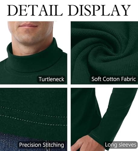 Hisir Men's Thermal Top, Long Sleeve Cotton Roll Neck Base, Dark Green, L — view 3
