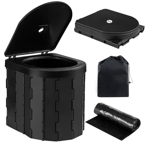 Foldable Camping Toilet Portable Potty Loo - Collapsible Toilet for Camping, Picnic, Fishing, Travel and Van Life, Outdoor Bucket with Lid and 30 Trash Bags