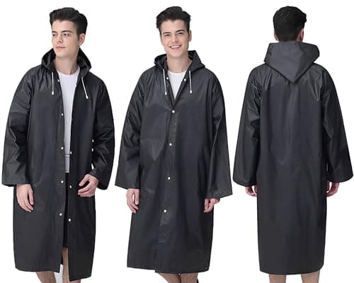 Cosowe Rain Ponchos for Adults Reusable, 2 Pcs Raincoats Emergency for Women Men with Hood and Drawstring, Black — view 5