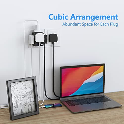 JSVER Plug Adapter USB with 4 Way Sockets 13A Cube Extension Plug Plug Extension Wall Socket Wall Plug Extender for Home, Office Black — view 4