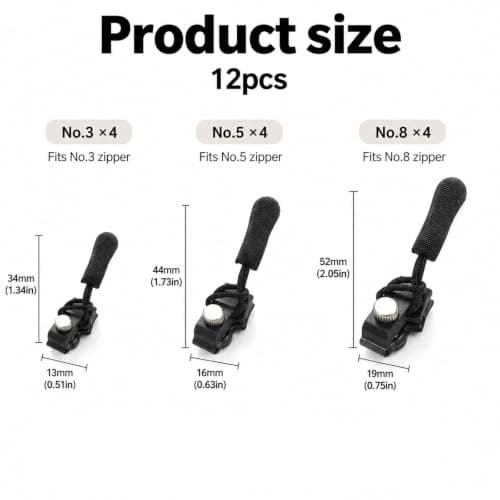 12 Pcs Universal Zip Repair Kit 3 Sizes Zipper Puller Replacement Detachable Pulls Zip Heads Removable Zipper Repairer for Backpacks Coats Jeans Luggage Suitcases No Sewing Required Black — view 2