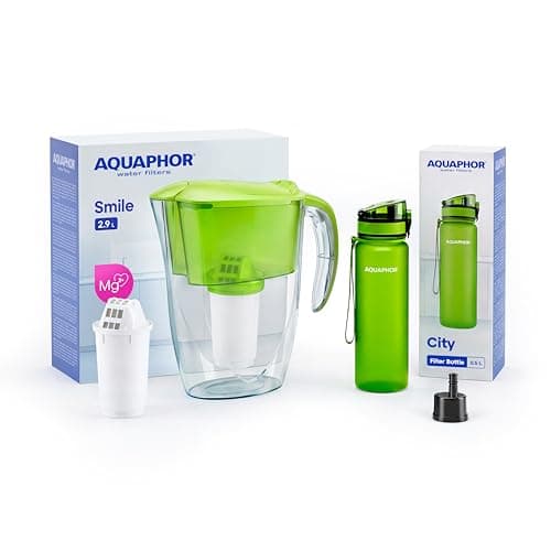AQUAPHOR Bundle – 2.9L Smile Green Water Filter Jug with A5 Filter (Magnesium added) + 500ml City Filter Water Bottle Green | Reduces Limescale, Chlorine, Microplastics and PFAS | BPA-Free