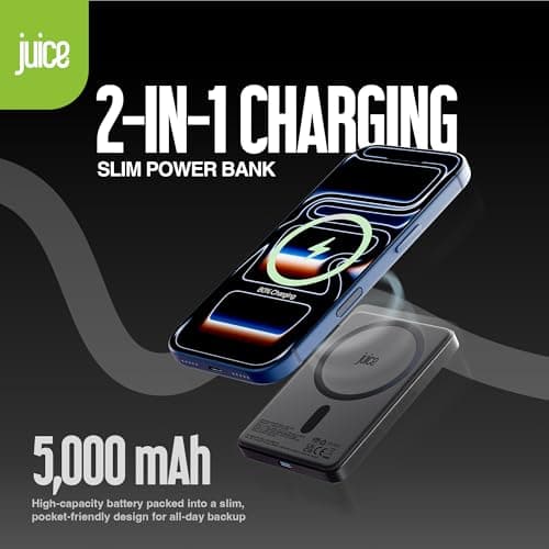 Juice Slim Power Bank, 5,000mAh Magnetic Battery Pack, Qi-Enabled 15W Max Fast MagSafe-Compatible Portable Charger, Slimline Design, for iPhone Air/17/16/15 Series - Black — view 2
