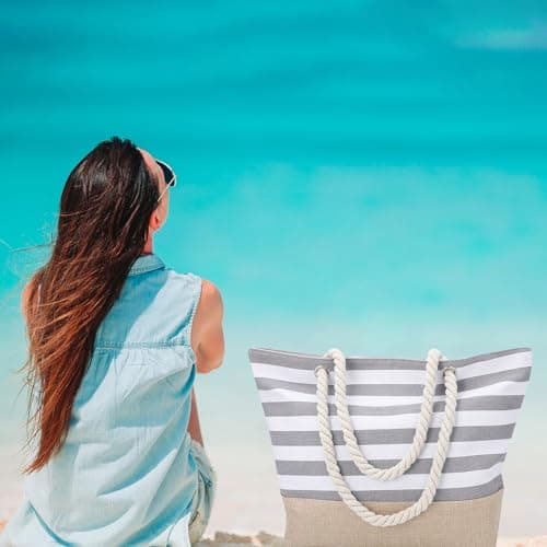 ViEinkaufen Waterproof Beach Bag, Grey Beach Bags for Women with Zipper — view 2