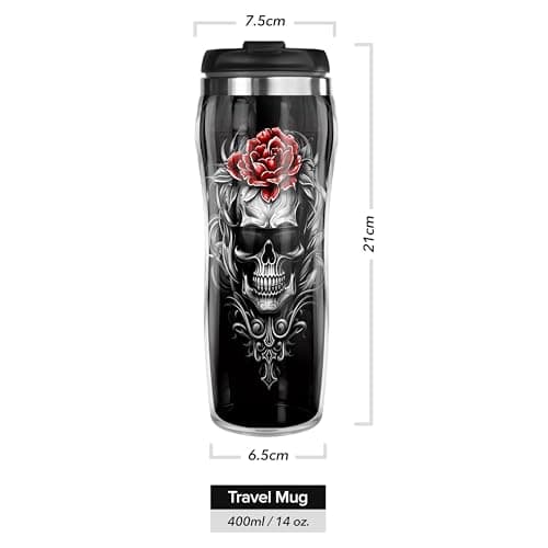 Pixly® Skull & Rose Thermal Travel Mug Coffee Tea Flask, 400ml/14oz Capacity, Funny Joke Fun Gift for Him Her — view 2